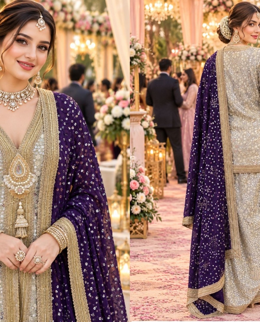2182 - Gold Georgette Readymade Salwar Suit with Embroidered, Resham and Sequins Work